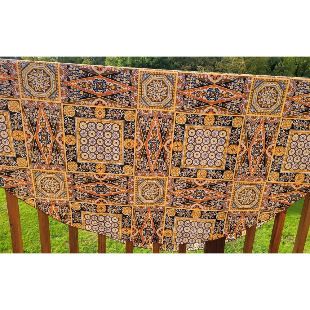 Vtg Tablecloth Oval 1970's Brown Orange Yellow Groovy 70" x 72"